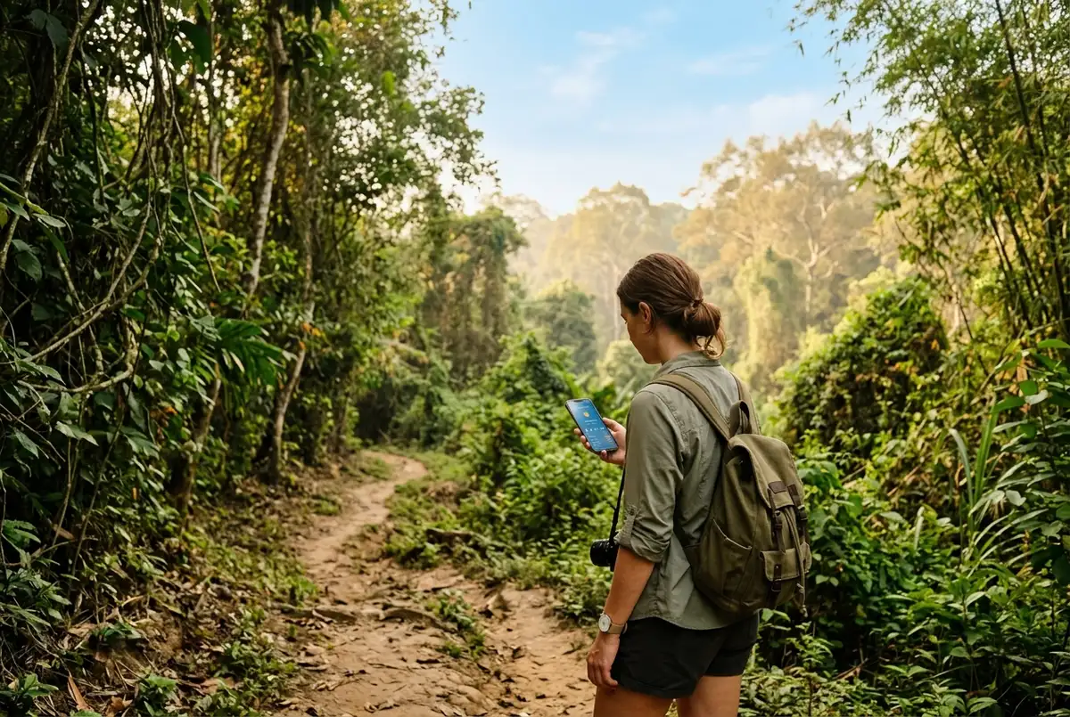 Reiziger loopt over een droog, zonovergoten junglepad bij de cu chi tunnels weer tijdens het droge seizoen, heldere blauwe lucht, zacht ochtendlicht