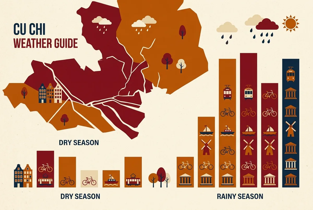 Simple bar chart style infographic comparing dry season and rainy season rain day counts for a cu chi tunnels weather guide, flat icon style, generic month labels only, no exact numbers or statistics