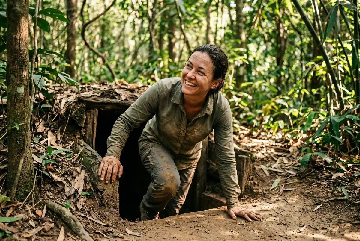 Traveler emerging with a genuine smile from a widened Cu Chi Tunnels crawl section into dappled jungle light, dust on hands and knees, candid documentary mood